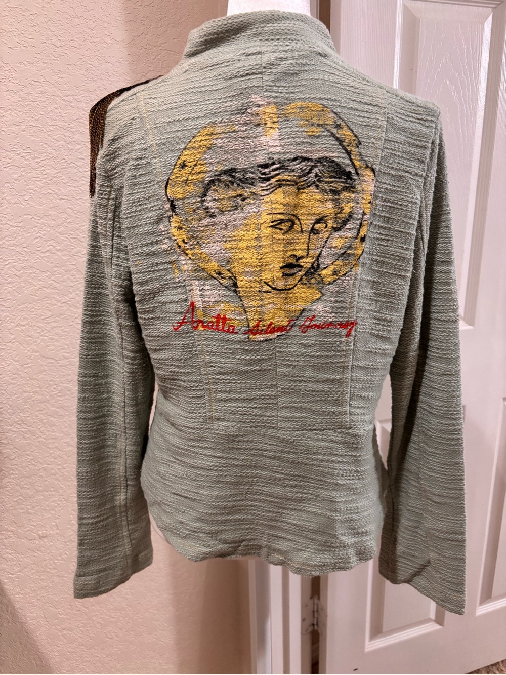 Aratta Sage Green Textured Knit Cardigan with Yellow Back Graphic